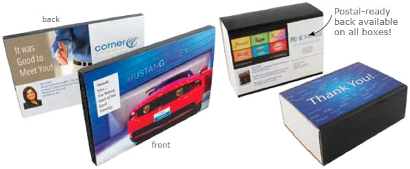 Postal-ready back available on all boxes!