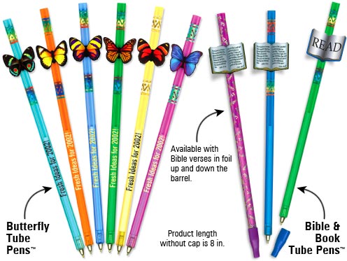 Full color imprinted tube pins with butterfies or Bibles